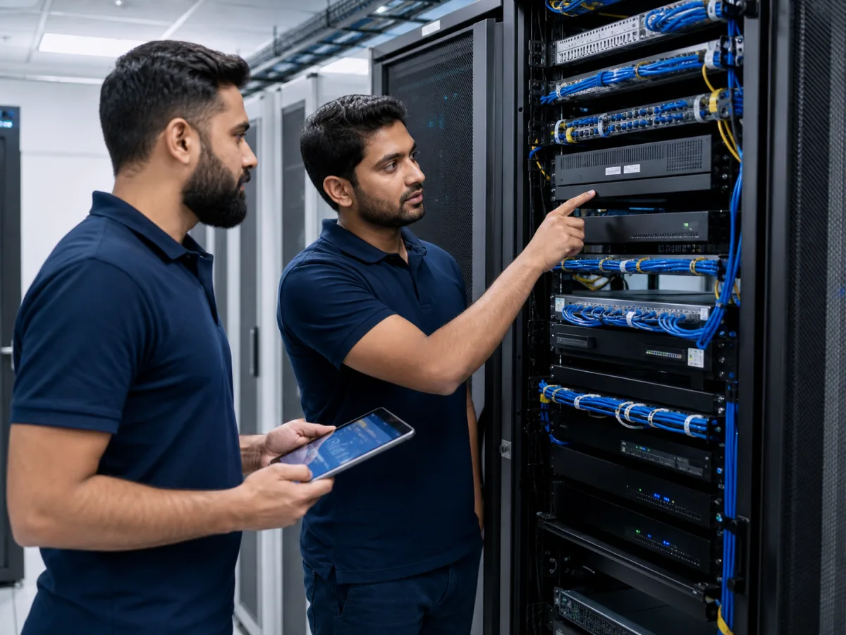 Two engineers reviewing a neatly cabled network rack