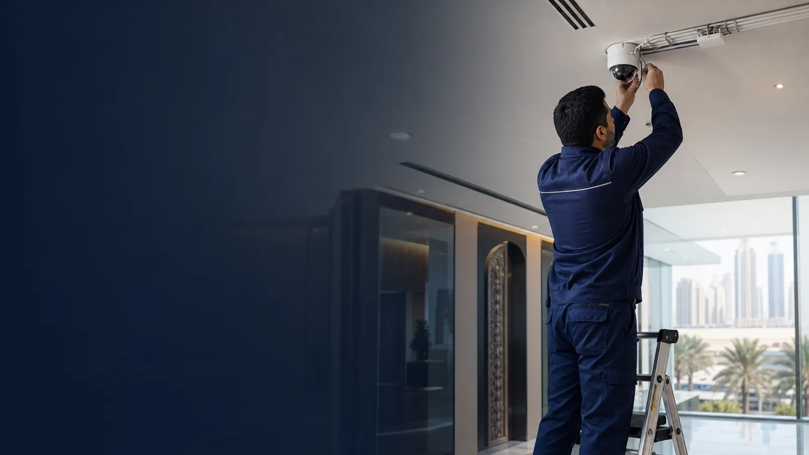 Technician installing a ceiling-mounted security camera in a modern office