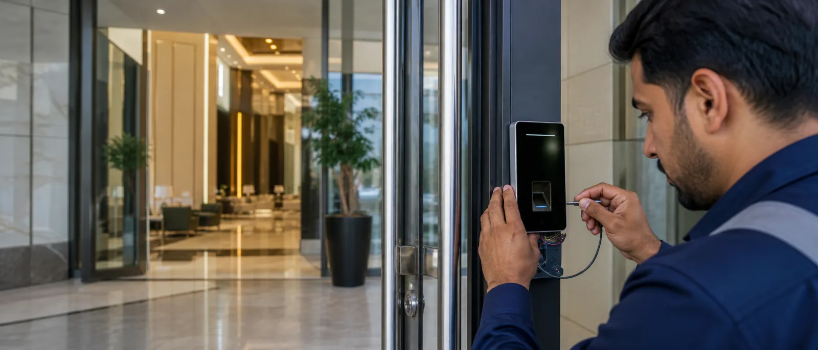 Technician installing an access control reader at a glass office entrance