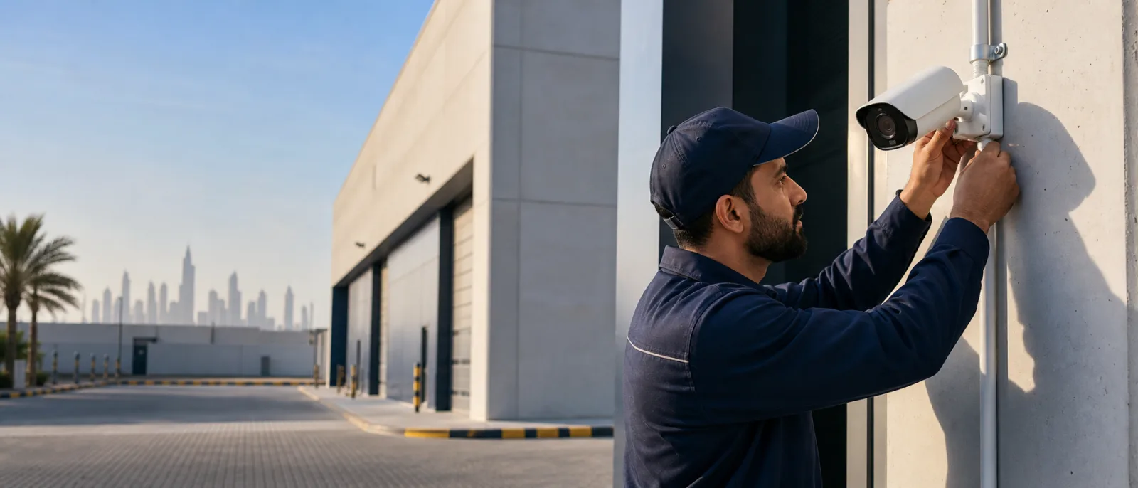 Technician installing an outdoor CCTV camera at a warehouse